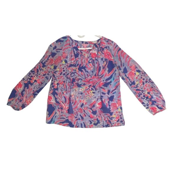 Lilly Pulitzer Women's XS Long Sleeve V-Neck Silk Elsa Top Pink Purple White - Picture 1 of 12